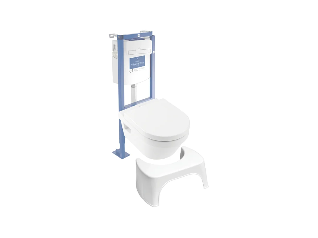 Pack WC suspendu sans bride VILLEROY ET BOCH Architectura Directflush + abattant + plaque blanche + bâti  + Tabouret blanc