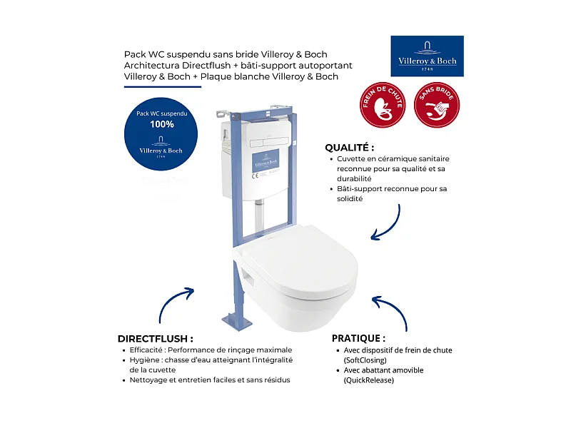 Pack WC suspendu sans bride VILLEROY ET BOCH Architectura Directflush + abattant + plaque blanche + bâti  + Tabouret blanc