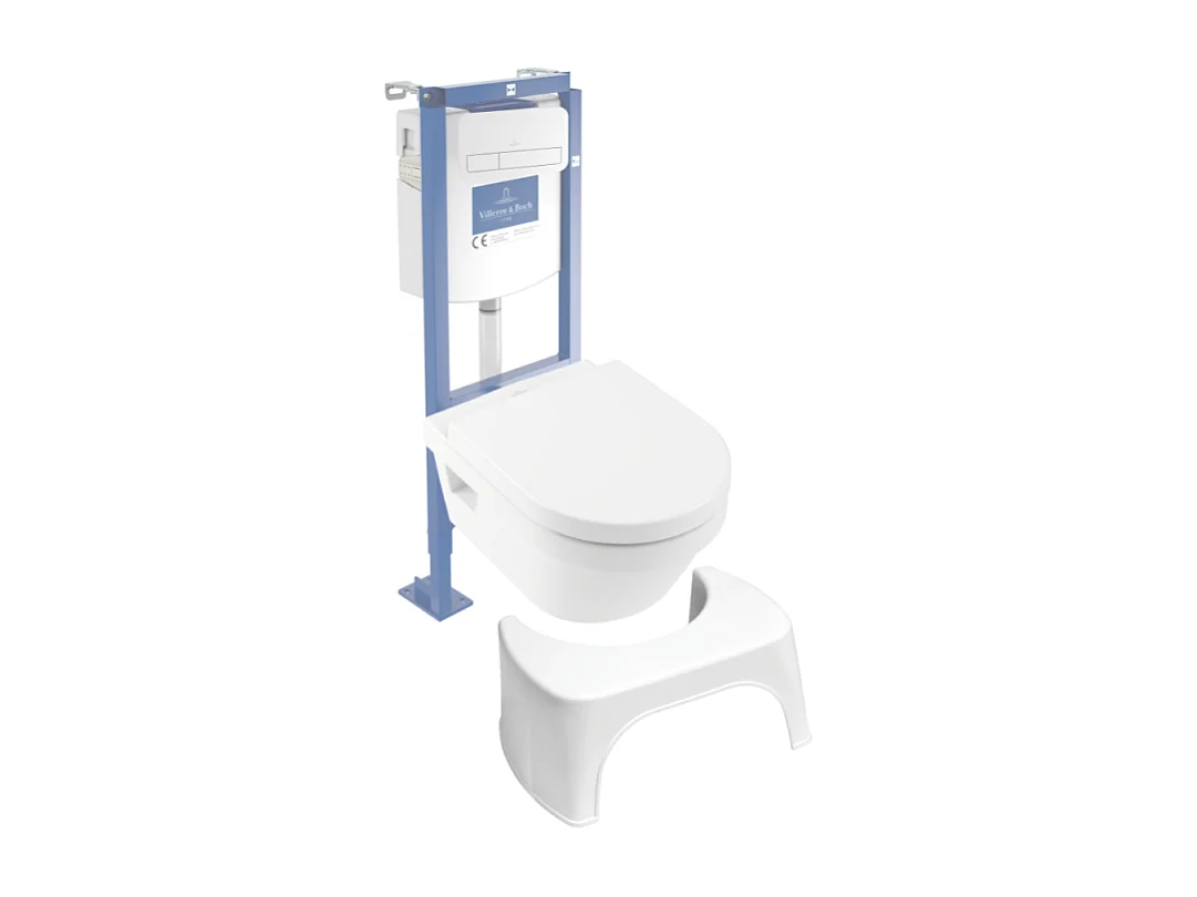 Pack WC suspendu sans bride VILLEROY ET BOCH Architectura Directflush + abattant + plaque blanche + bâti  + Tabouret blanc