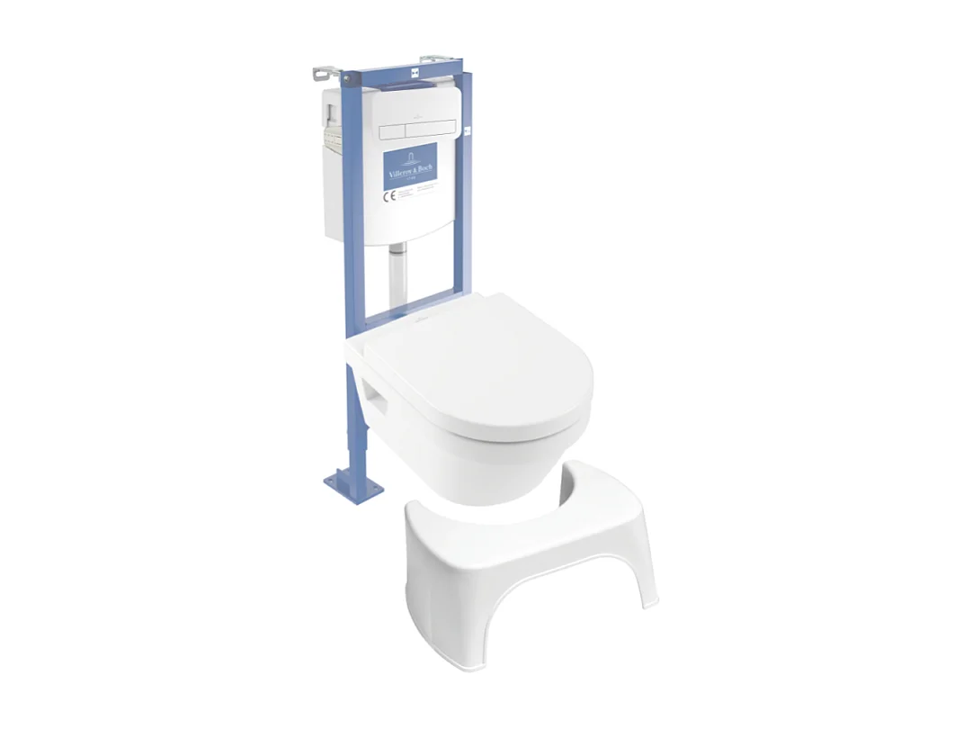 Pack WC suspendu sans bride VILLEROY ET BOCH Architectura Directflush + abattant + plaque blanche + bâti  + Tabouret blanc