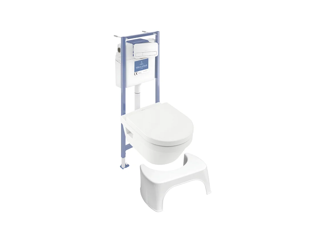 Pack WC sans bride VILLEROY ET BOCH Architectura abattant + bâti-support sol et mur + plaque blanche  + Tabouret blanc