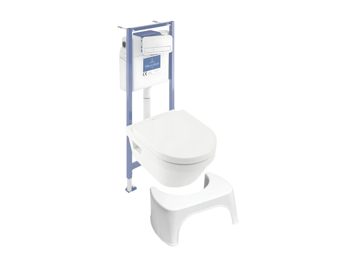 Pack WC sans bride VILLEROY ET BOCH Architectura abattant + bâti-support sol et mur + plaque blanche  + Tabouret blanc
