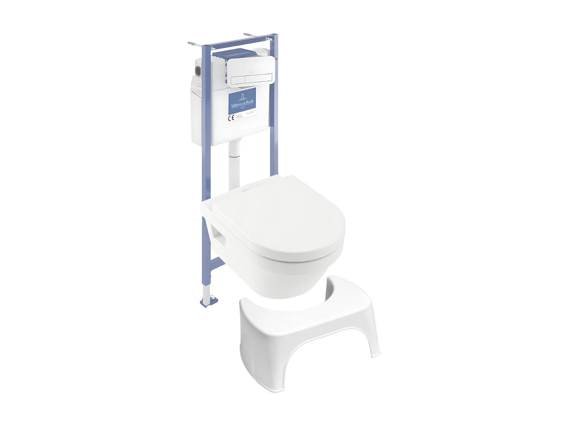 Pack WC sans bride VILLEROY ET BOCH Architectura abattant + bâti-support sol et mur + plaque blanche  + Tabouret blanc