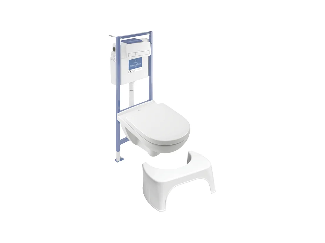 Pack WC sans bride VILLEROY ET BOCH O novo avec abattant frein de chute + bâti Viconnect PRO + plaque blanche  + Tabouret blanc