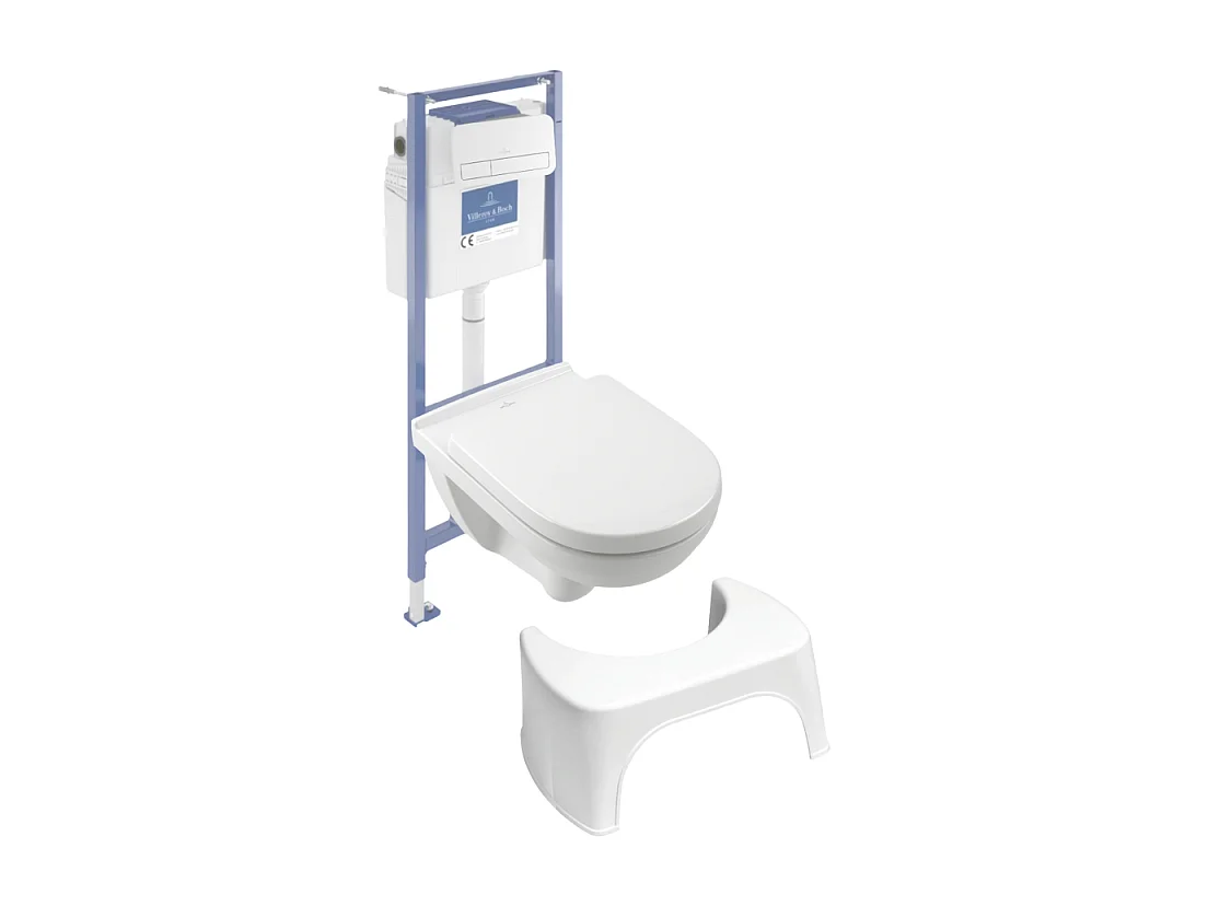 Pack WC sans bride VILLEROY ET BOCH O novo avec abattant frein de chute + bâti Viconnect PRO + plaque blanche  + Tabouret blanc