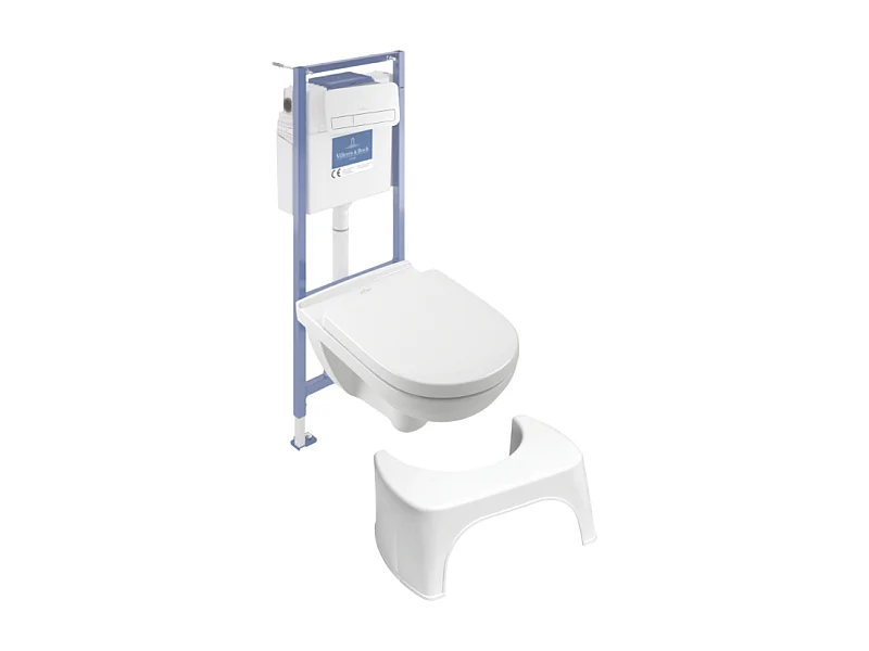 Pack WC sans bride VILLEROY ET BOCH O novo avec abattant frein de chute + bâti Viconnect PRO + plaque blanche  + Tabouret blanc