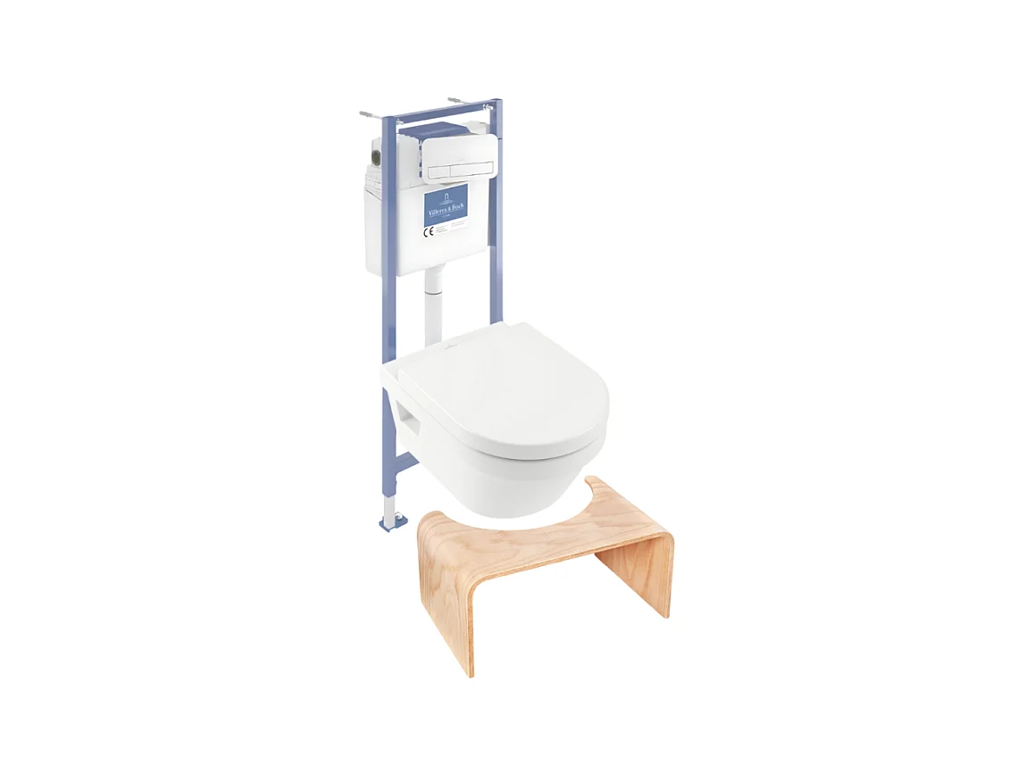 Pack WC sans bride VILLEROY ET BOCH Architectura abattant + bâti-support sol et mur + plaque blanche  + Tabouret bois