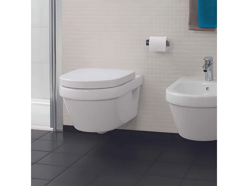 Pack WC sans bride VILLEROY ET BOCH Architectura abattant + bâti-support sol et mur + plaque blanche  + Tabouret bois