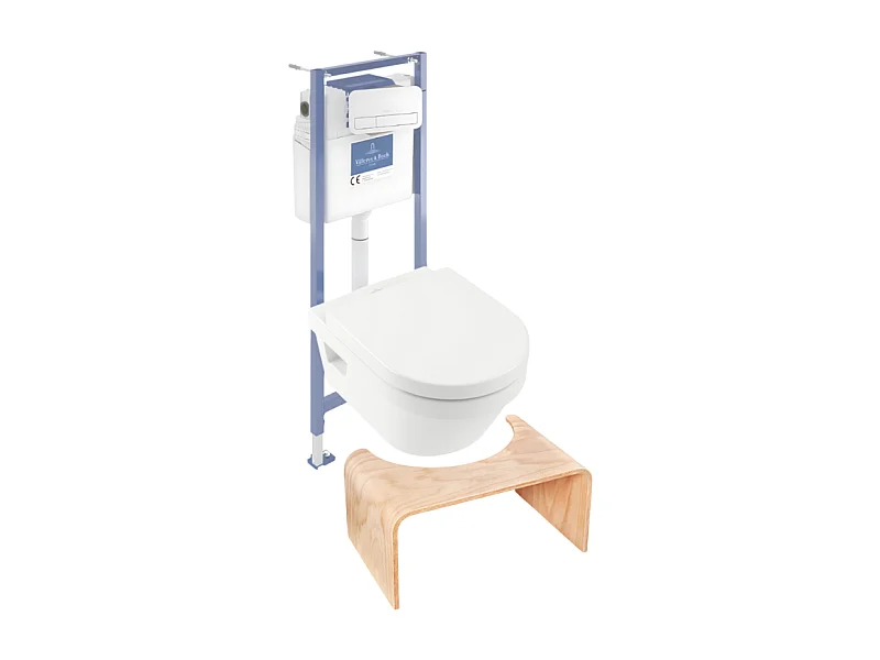 Pack WC sans bride VILLEROY ET BOCH Architectura abattant + bâti-support sol et mur + plaque blanche  + Tabouret bois