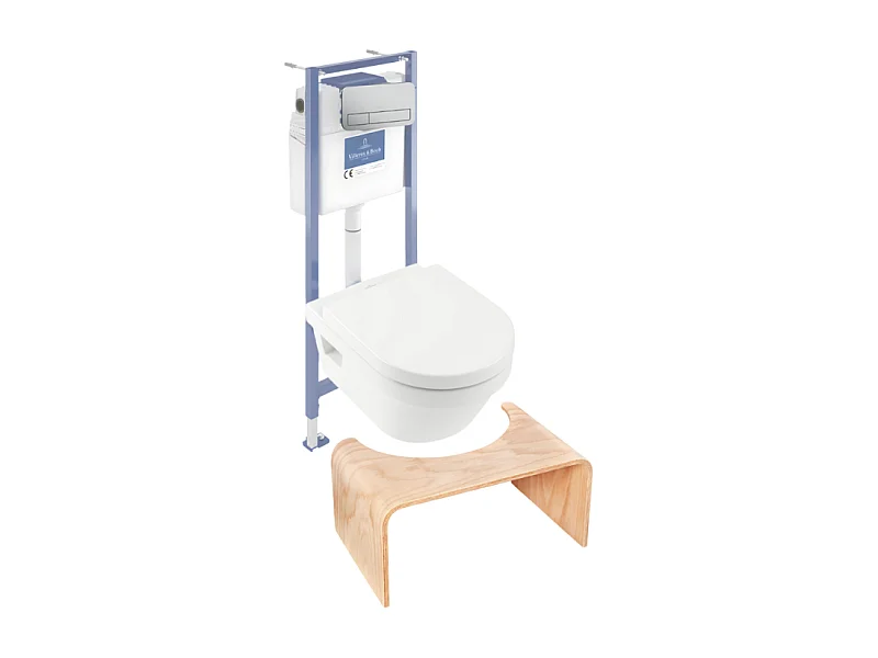 Pack WC sans bride VILLEROY ET BOCH Architectura abattant + bâti-support sol et mur + plaque chromée mat  + Tabouret bois