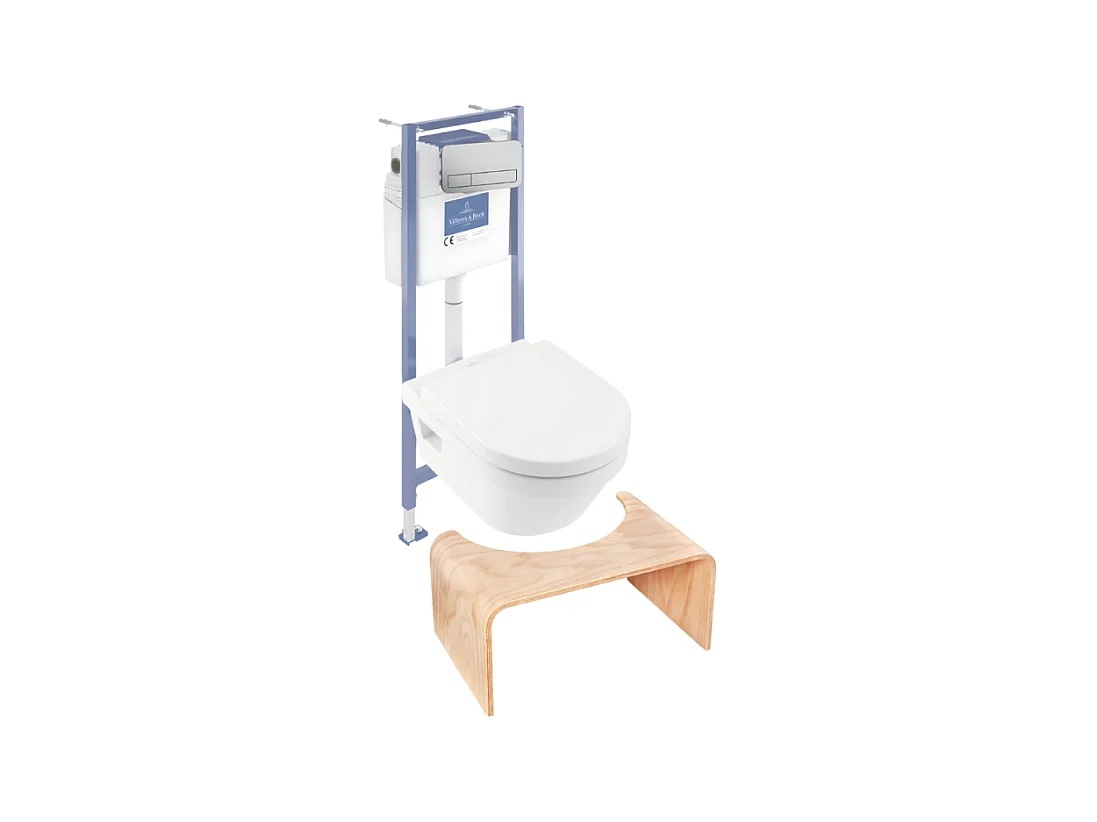 Pack WC sans bride VILLEROY ET BOCH Architectura abattant + bâti-support sol et mur + plaque chromée mat  + Tabouret bois