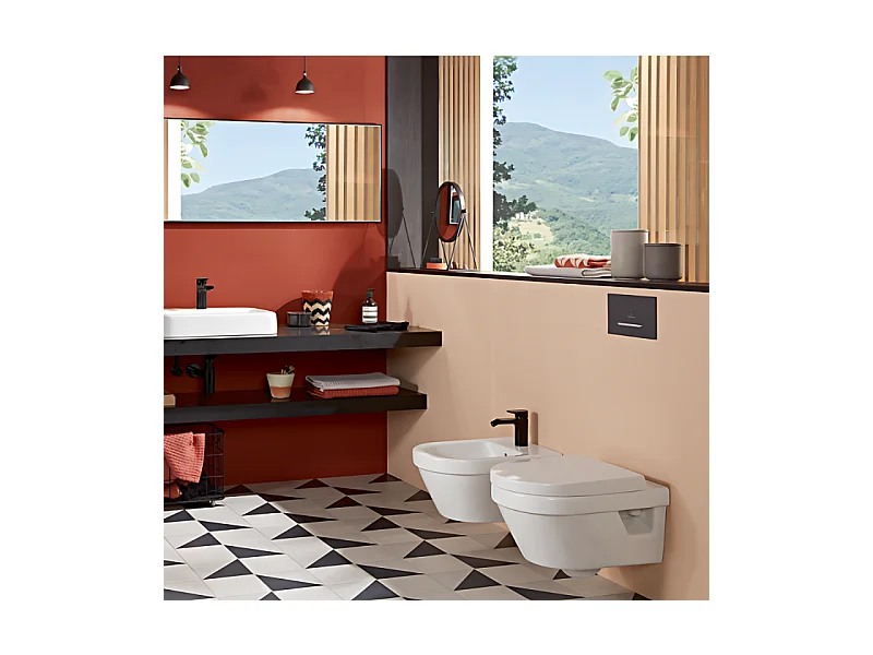 Pack WC sans bride VILLEROY ET BOCH Architectura abattant + bâti-support sol et mur + plaque chromée mat  + Tabouret bois