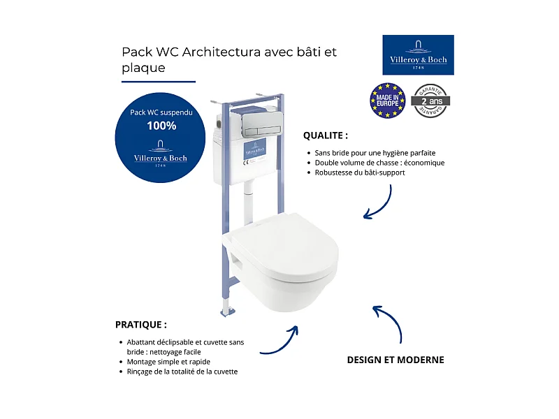 Pack WC sans bride VILLEROY ET BOCH Architectura abattant + bâti-support sol et mur + plaque chromée mat  + Tabouret bois