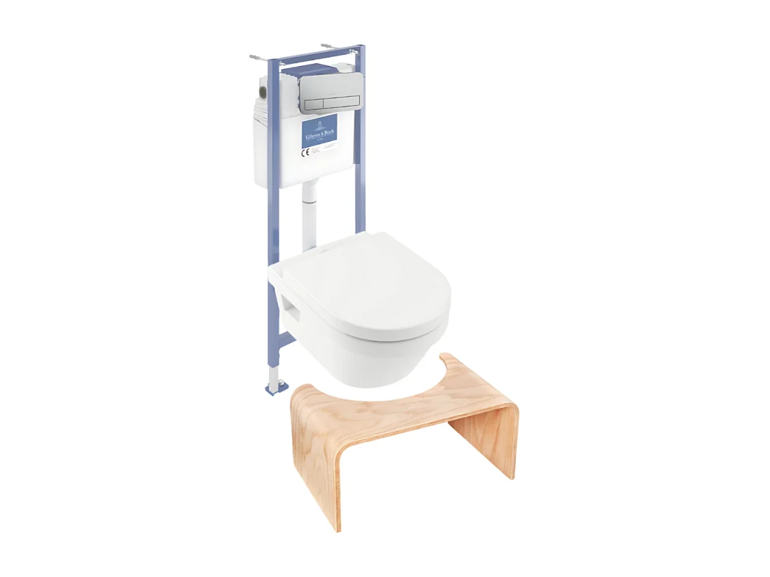 Pack WC sans bride VILLEROY ET BOCH Architectura abattant + bâti-support sol et mur + plaque chromée mat  + Tabouret bois