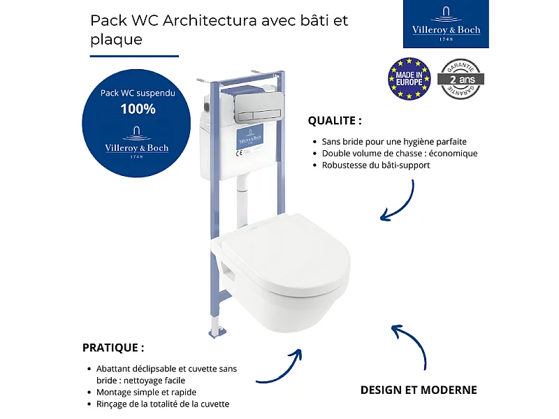 Pack WC sans bride VILLEROY ET BOCH Architectura abattant + bâti-support sol et mur + plaque chromée mat  + Tabouret bois