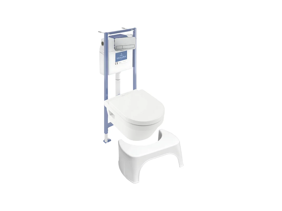 Pack WC sans bride VILLEROY ET BOCH Architectura abattant + bâti-support sol et mur + plaque chromée mat  + Tabouret blanc