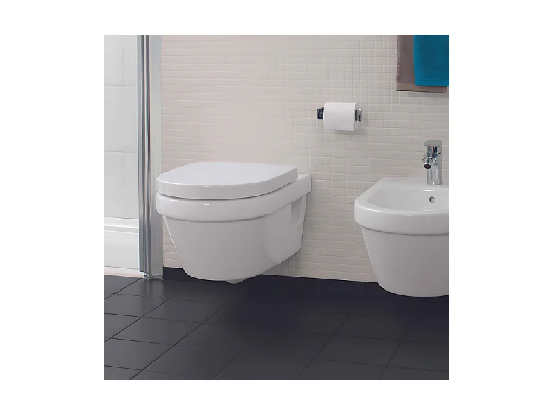 Pack WC sans bride VILLEROY ET BOCH Architectura abattant + bâti-support sol et mur + plaque chromée mat  + Tabouret blanc