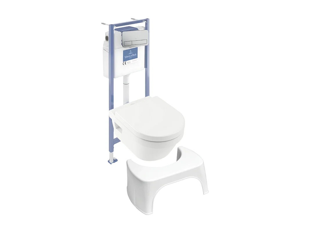 Pack WC sans bride VILLEROY ET BOCH Architectura abattant + bâti-support sol et mur + plaque chromée mat  + Tabouret blanc