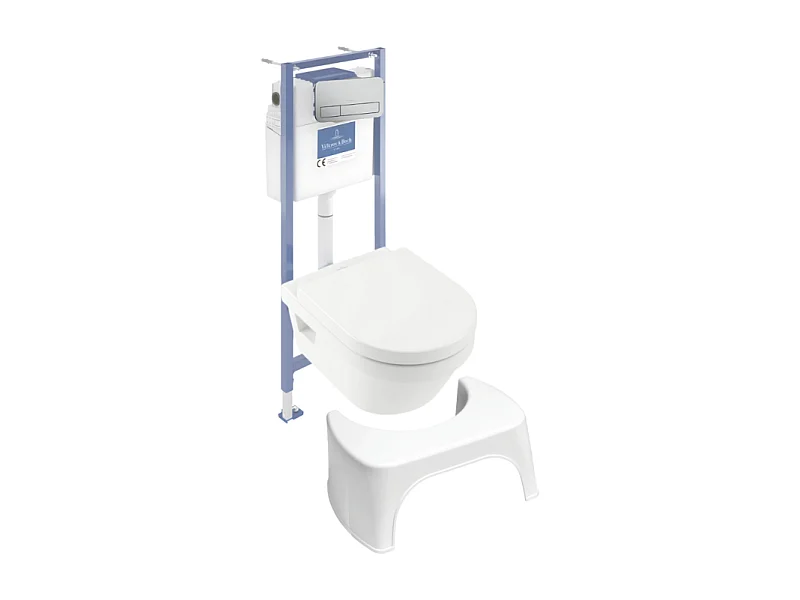 Pack WC sans bride VILLEROY ET BOCH Architectura abattant + bâti-support sol et mur + plaque chromée mat  + Tabouret blanc