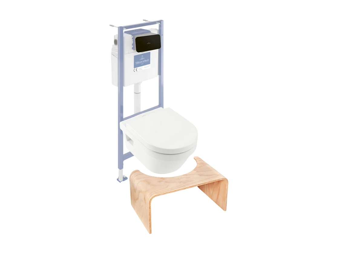 Pack WC sans bride VILLEROY ET BOCH Architectura abattant + bâti-support sol et mur + plaque noir mat  + Tabouret bois