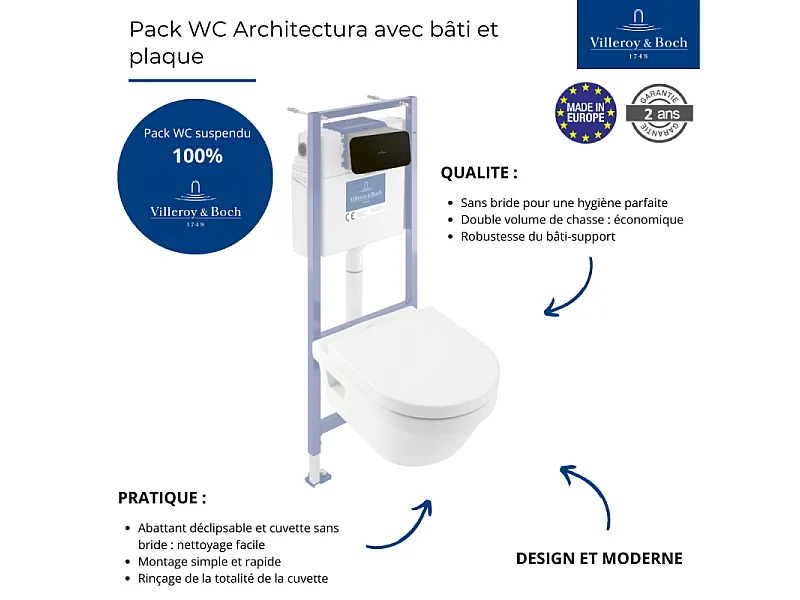 Pack WC sans bride VILLEROY ET BOCH Architectura abattant + bâti-support sol et mur + plaque noir mat  + Tabouret bois