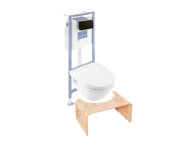 Pack WC sans bride VILLEROY ET BOCH Architectura abattant + bâti-support sol et mur + plaque noir mat  + Tabouret bois
