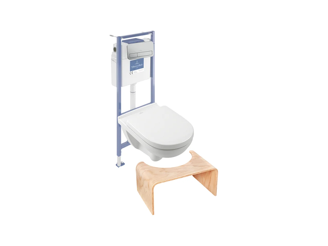 Pack WC sans bride VILLEROY ET BOCH O novo abattant frein de chute + bâti-support sol et mur + plaque Chromé mat + Tabouret bois