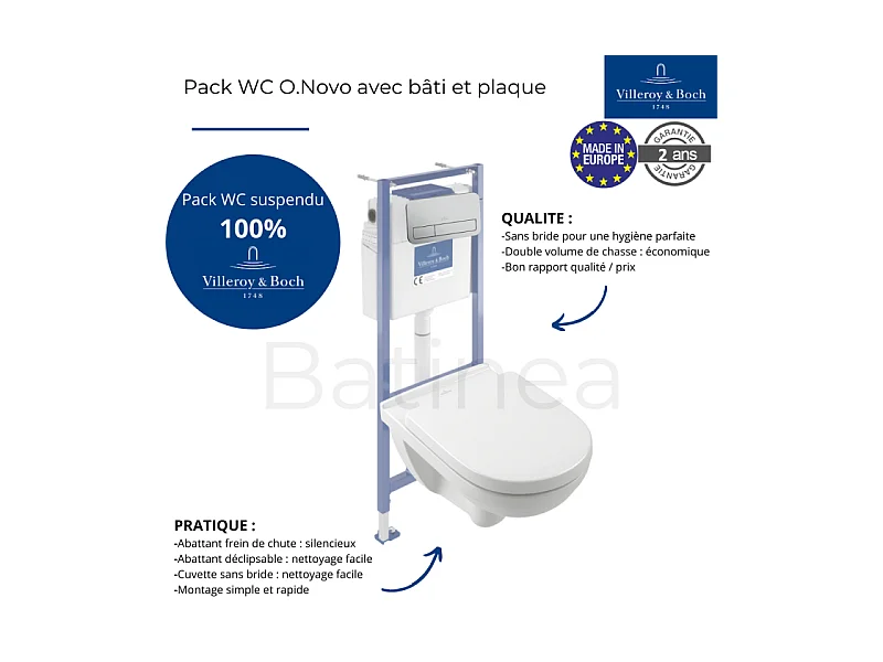 Pack WC sans bride VILLEROY ET BOCH O novo abattant frein de chute + bâti-support sol et mur + plaque Chromé mat + Tabouret bois