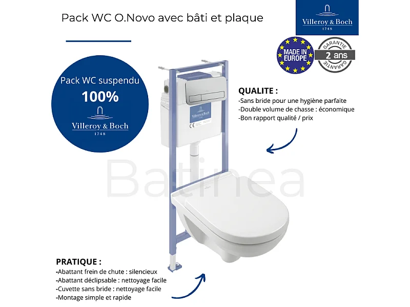 Pack WC sans bride VILLEROY ET BOCH O novo abattant frein de chute + bâti-support sol et mur + plaque Chromé mat + Tabouret bois