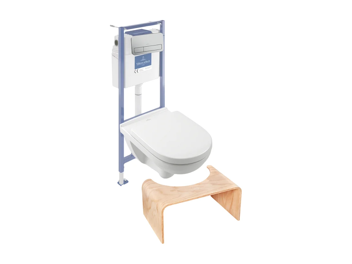Pack WC sans bride VILLEROY ET BOCH O novo abattant frein de chute + bâti-support sol et mur + plaque Chromé mat + Tabouret bois