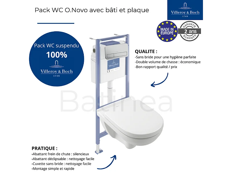 Pack WC sans bride VILLEROY ET BOCH O novo abattant frein de chute + bâti-support sol et mur + plaque Chromé mat + Tabouret bois