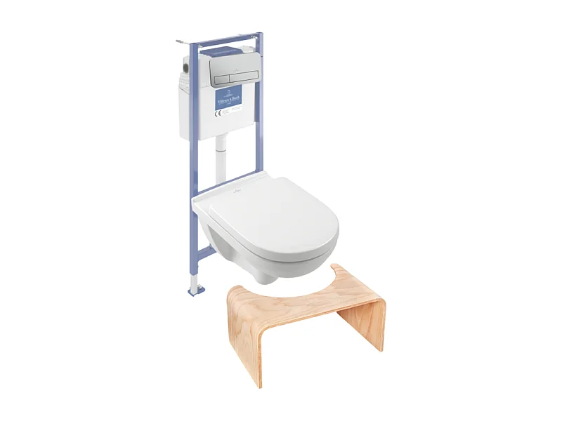 Pack WC sans bride VILLEROY ET BOCH O novo abattant frein de chute + bâti-support sol et mur + plaque Chromé mat + Tabouret bois