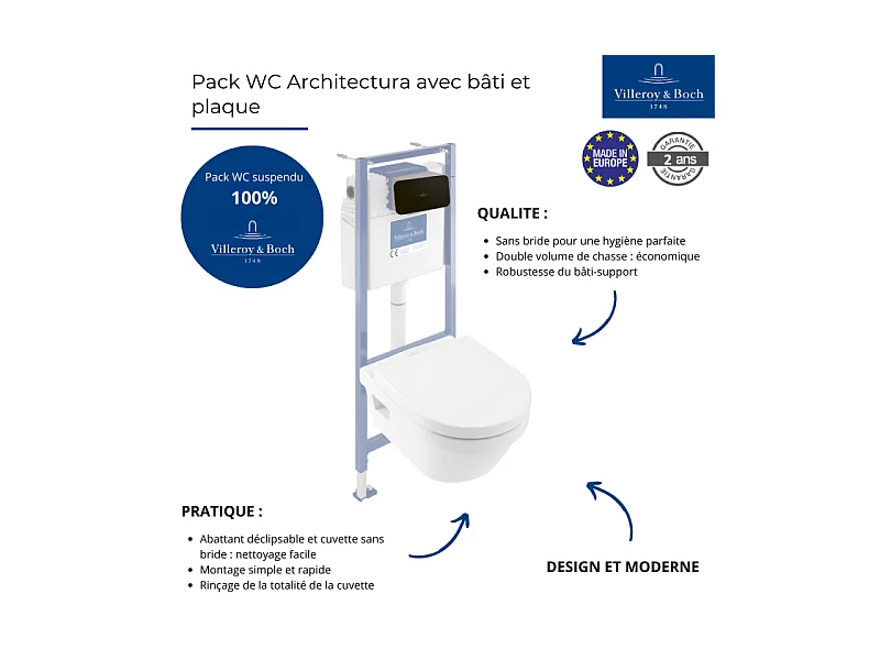 Pack WC sans bride VILLEROY ET BOCH Architectura abattant + bâti-support sol et mur + plaque noir mat  + Tabouret blanc