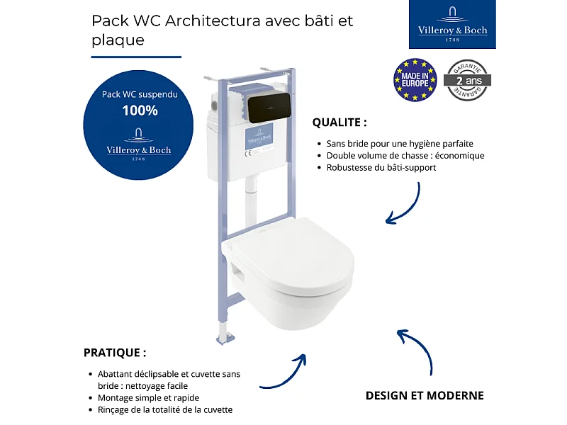 Pack WC sans bride VILLEROY ET BOCH Architectura abattant + bâti-support sol et mur + plaque noir mat  + Tabouret blanc