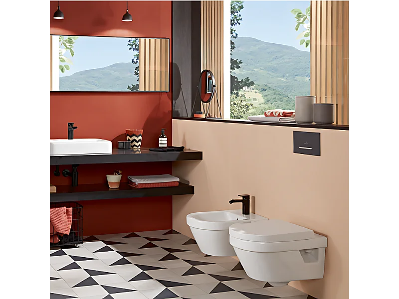 Pack WC sans bride VILLEROY ET BOCH Architectura abattant + bâti-support sol et mur + plaque noir mat  + Tabouret blanc
