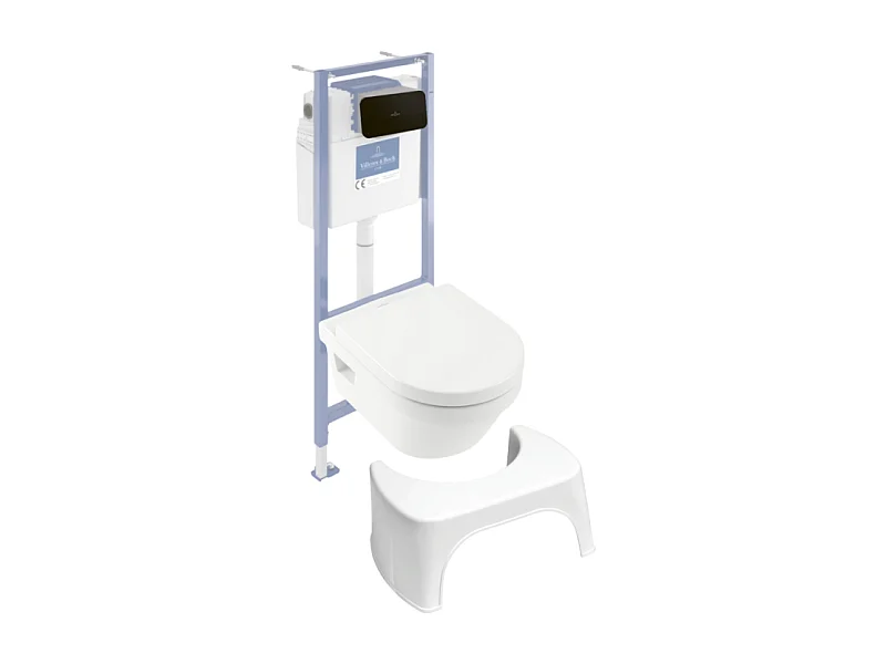 Pack WC sans bride VILLEROY ET BOCH Architectura abattant + bâti-support sol et mur + plaque noir mat  + Tabouret blanc
