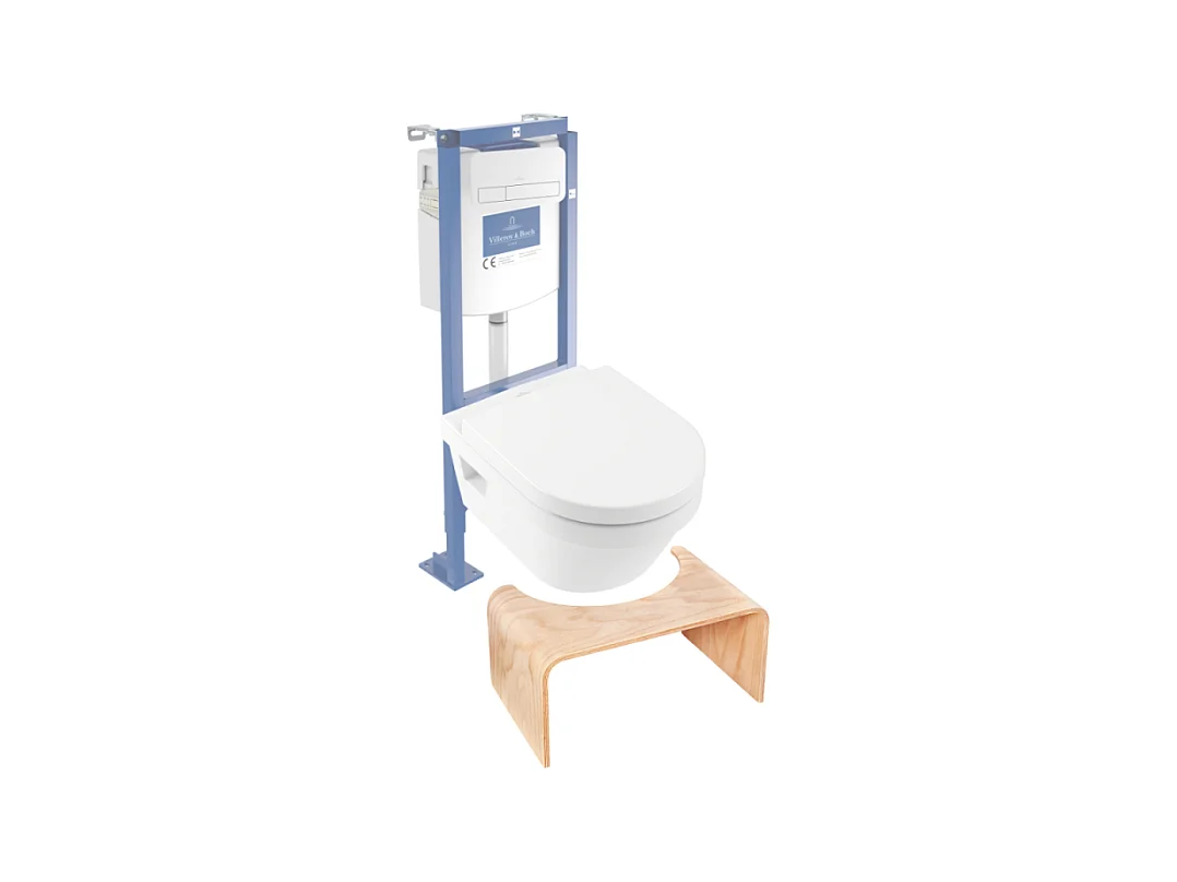 Pack WC suspendu sans bride VILLEROY ET BOCH Architectura 37 x 53 + abattant + plaque blanche + bâti  + Tabouret bois
