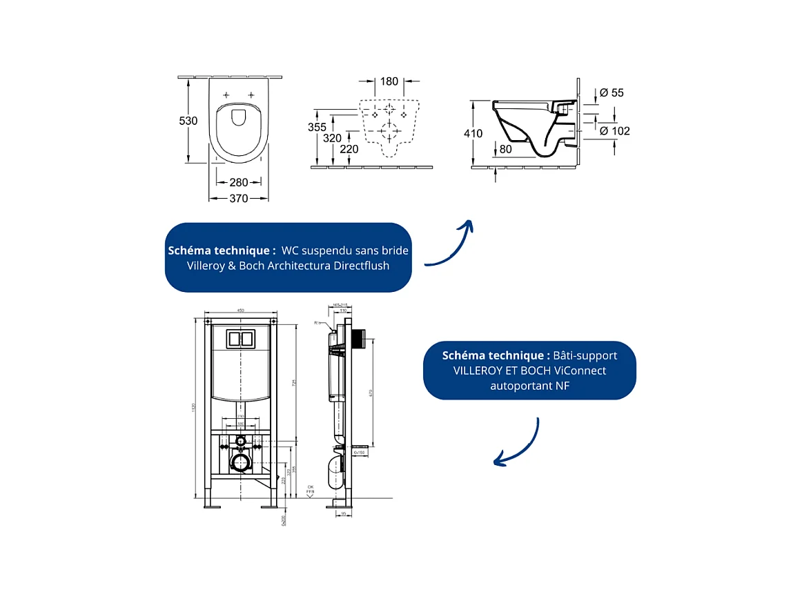 Pack WC suspendu sans bride VILLEROY ET BOCH Architectura 37 x 53 + abattant + plaque blanche + bâti  + Tabouret bois