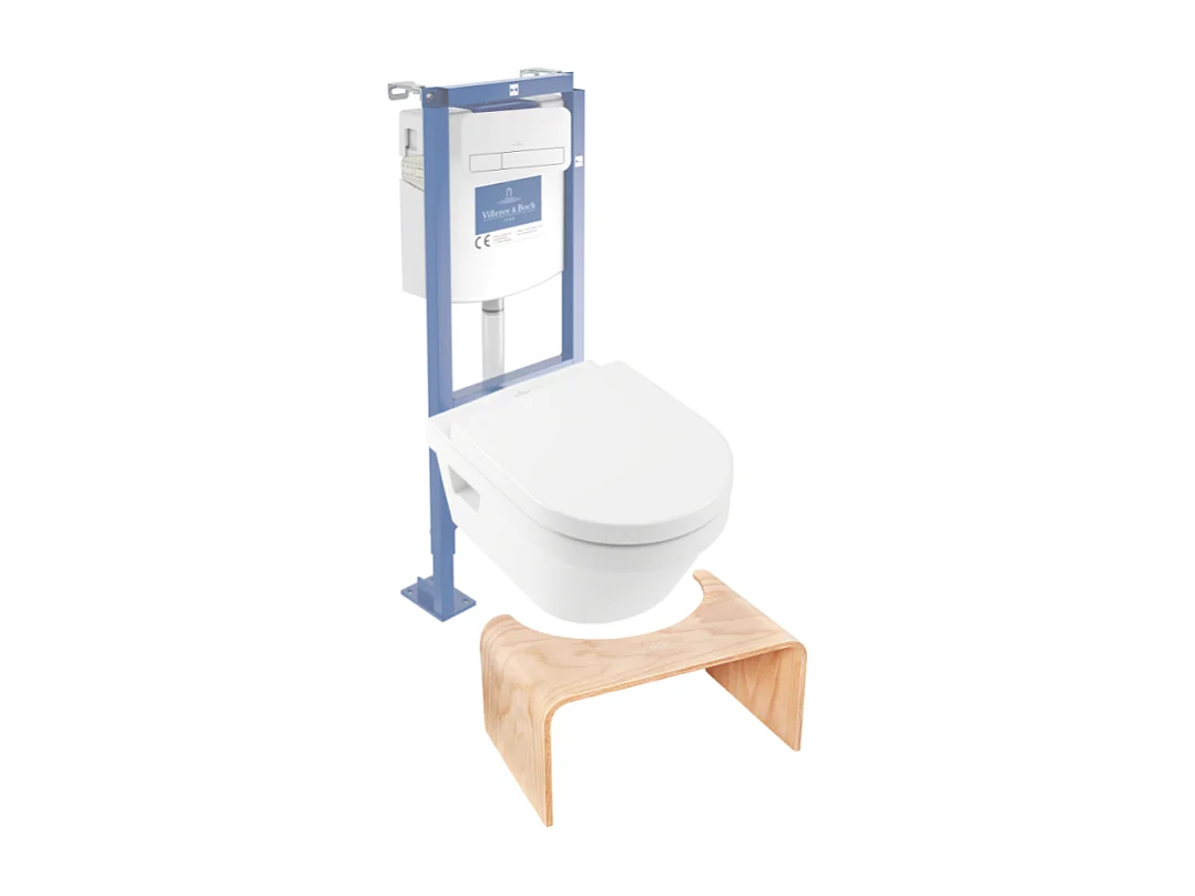 Pack WC suspendu sans bride VILLEROY ET BOCH Architectura 37 x 53 + abattant + plaque blanche + bâti  + Tabouret bois