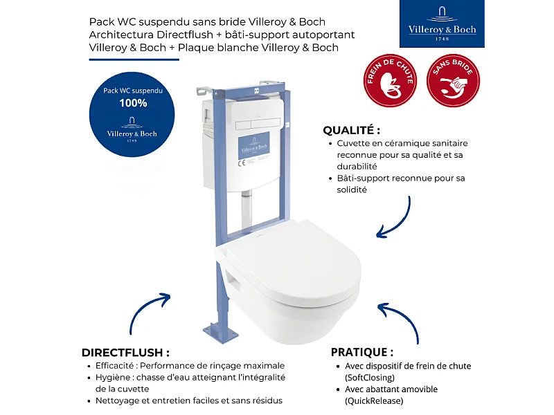 Pack WC suspendu sans bride VILLEROY ET BOCH Architectura 37 x 53 + abattant + plaque blanche + bâti  + Tabouret bois
