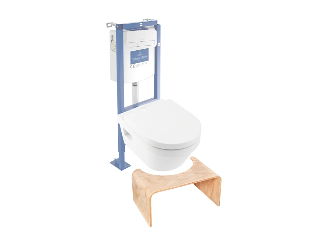 Pack WC suspendu sans bride VILLEROY ET BOCH Architectura 37 x 53 + abattant + plaque blanche + bâti  + Tabouret bois