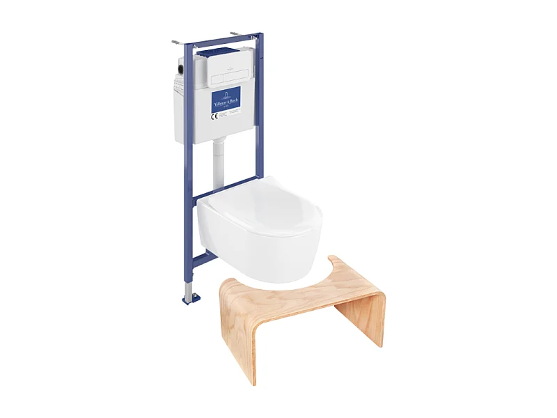 Pack WC sans bride VILLEROY ET BOCH Avento + Bâti support + abattant frein de chute + plaque blanche  + Tabouret bois