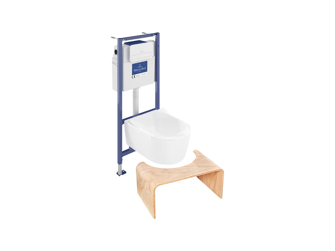 Pack WC sans bride VILLEROY ET BOCH Avento + Bâti support + abattant frein de chute + plaque blanche  + Tabouret bois