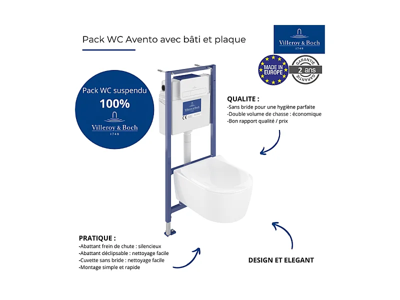 Pack WC sans bride VILLEROY ET BOCH Avento + Bâti support + abattant frein de chute + plaque blanche  + Tabouret bois