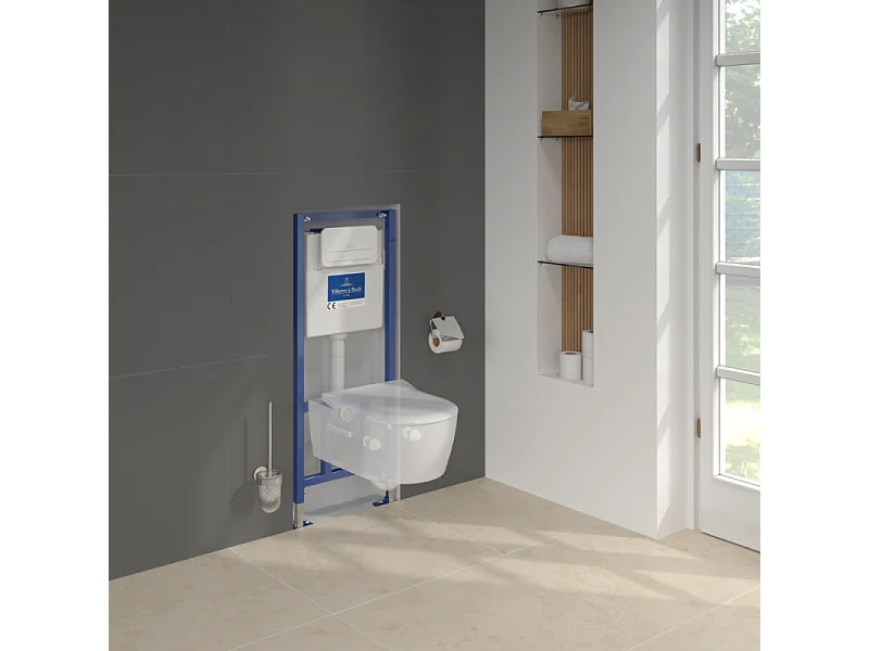 Pack WC sans bride VILLEROY ET BOCH Avento + Bâti support + abattant frein de chute + plaque blanche  + Tabouret bois