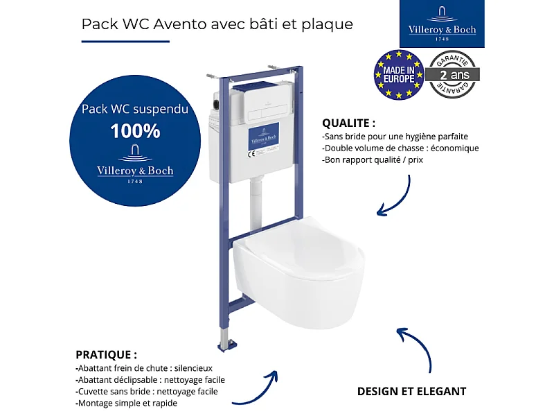 Pack WC sans bride VILLEROY ET BOCH Avento + Bâti support + abattant frein de chute + plaque blanche  + Tabouret bois