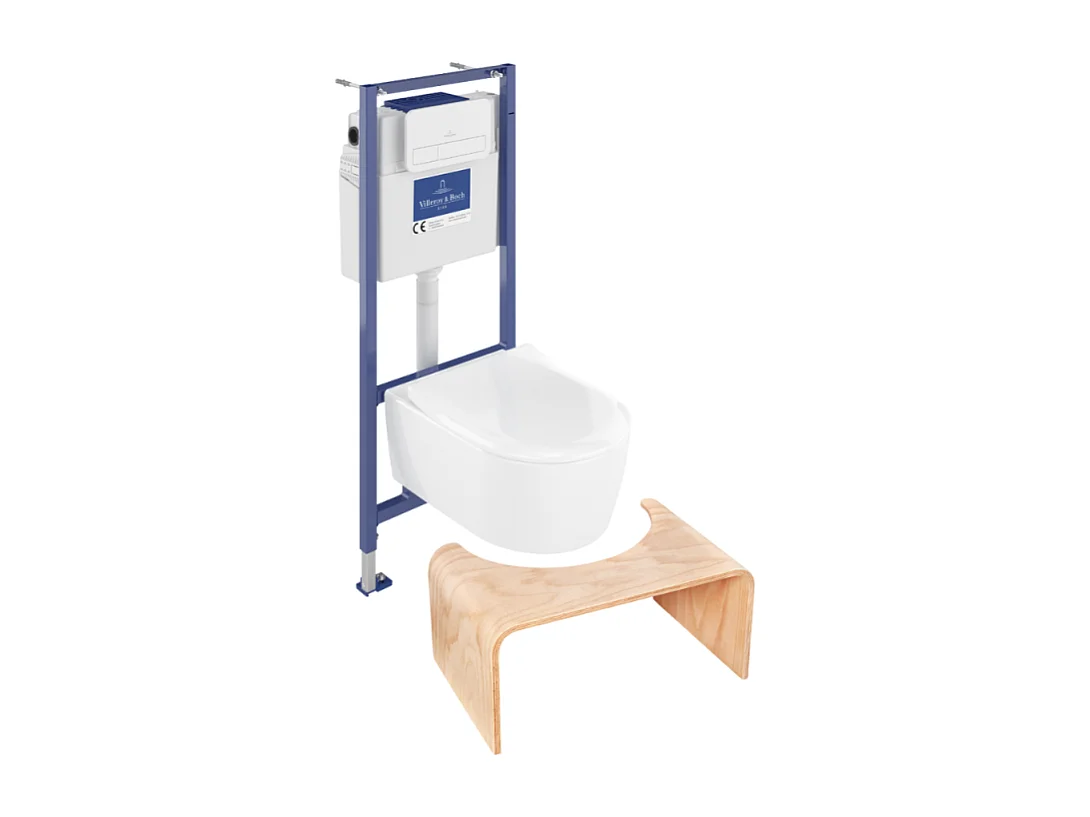 Pack WC sans bride VILLEROY ET BOCH Avento + Bâti support + abattant frein de chute + plaque blanche  + Tabouret bois