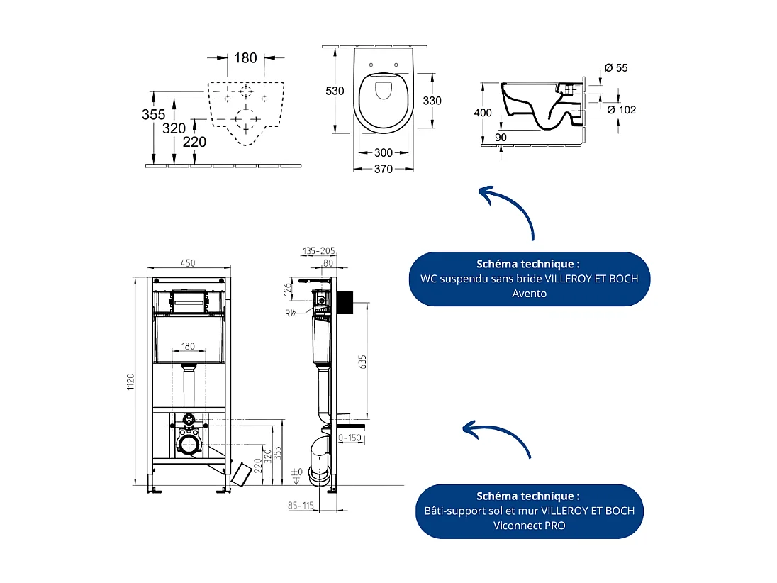 Pack WC sans bride VILLEROY ET BOCH Avento + Bâti support + abattant frein de chute + plaque blanche  + Tabouret bois