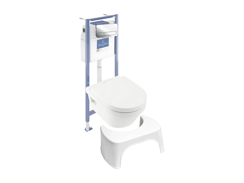 Pack WC sans bride VILLEROY ET BOCH Architectura abattant + bâti-support sol et mur + plaque chromée brillant  + Tabouret blanc