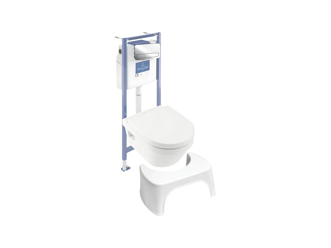 Pack WC sans bride VILLEROY ET BOCH Architectura abattant + bâti-support sol et mur + plaque chromée brillant  + Tabouret blanc
